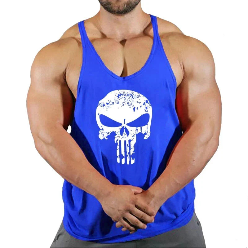 Mens Bodybuilding Faux Cotton Tank Top Gym Fitness Sports Sleeveless Top Skull Print Breathable Tank Top Mens Summer Tank Top