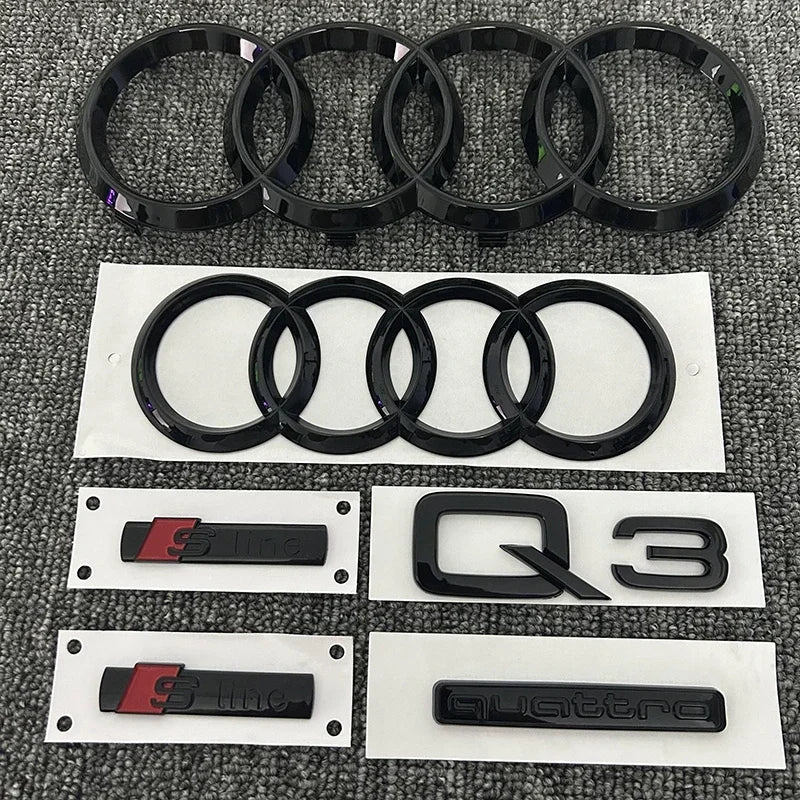 Black for AUDI Q3 2013-2022 4Ring Logo ABS Car Hood Front Grille Emblem Side Rear Trunk Badge Sticker Sline Quarrto Decoration