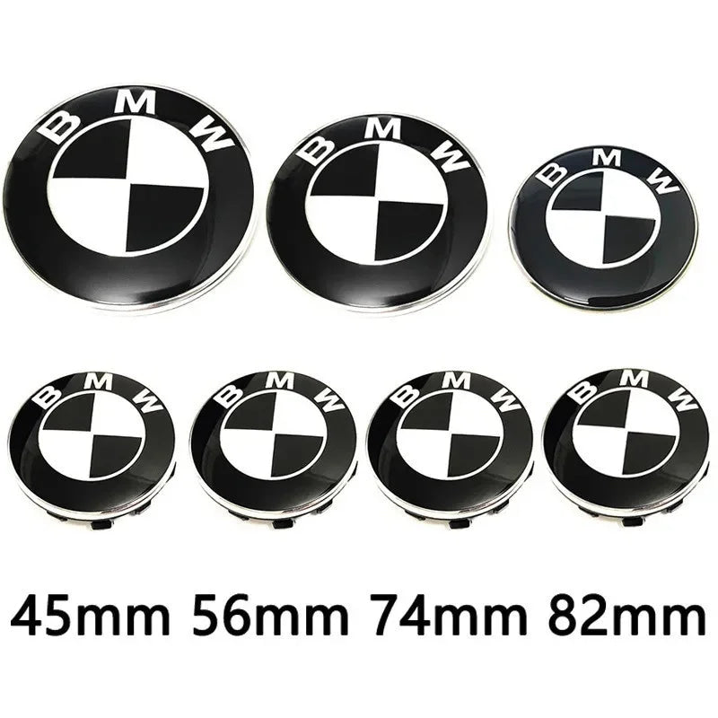 Car Black White BMW Logo Front Hood Emblem 82mm Rear Badge 74mm Wheel Hub Cap 60mm steering wheel sticker 45mm Accessories