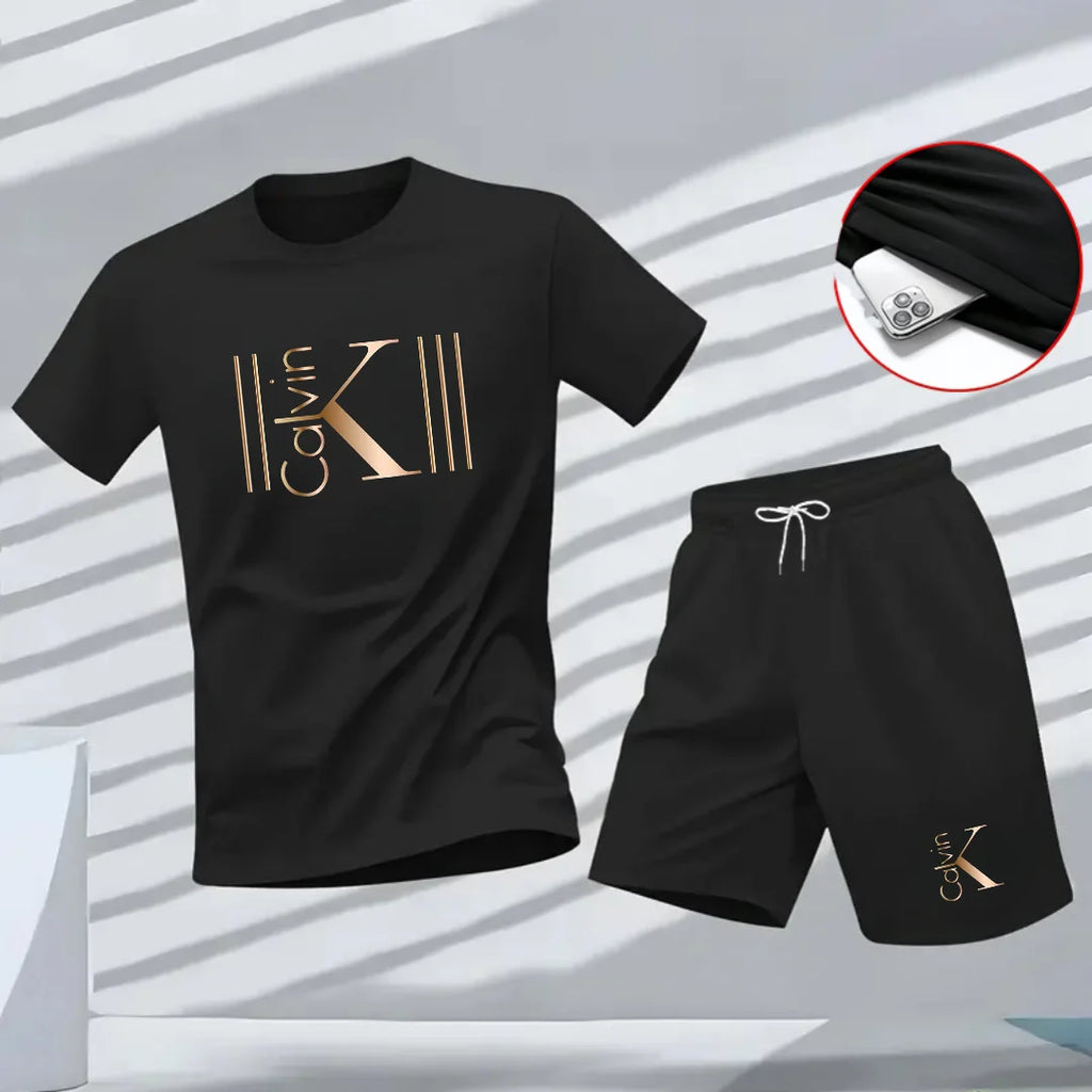 "2025 Men's Breathable sports pattern Printed T-shirt Casual Fashion short-sleeved T-shirt Summer streetwear top Two-piece set.