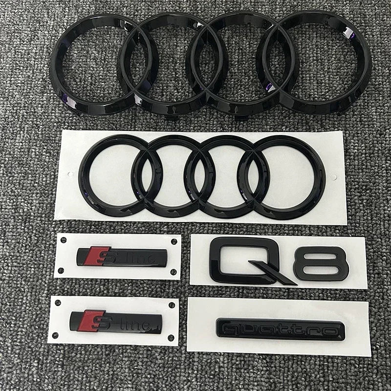 AUDI Q8 4-Ring logo ABS Black Car Hood Front Grill Emblem Rear Trunk Badge Q8 Sticker Quarrto Sline Emblem For Q8 2018-2024