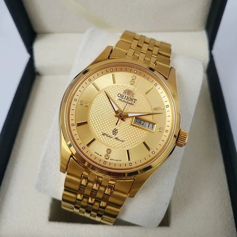 Orient Two-Tone Automatic Watch Multi-Color Dial Roman Numerals Day-Date Steel Band 50M Water Resistant Men's Classic Wristwatch