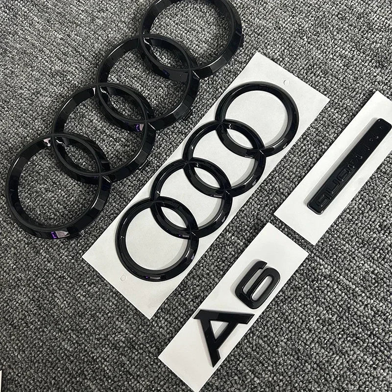 AUDI A6 4 Ring logo ABS Black Car Hood Front Bonnet Grill Rear Trunk Emblem Sticker A6 mark Quarrto Emblem For A6 2020-2023