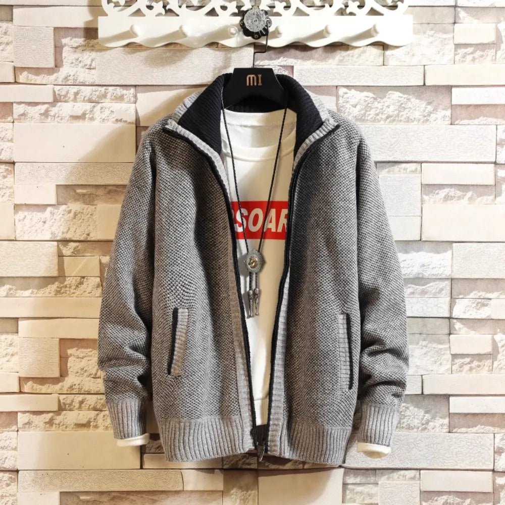 Autumn and Winter New Fleece Thicken Large Size Casual Loose Sweater Men's Jacket Stand-up Collar Cardigans