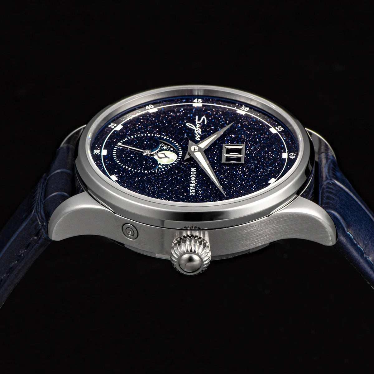 Sugess Moonphase Watch of Men 40mm Automatic Mechanical Wristwatches Origin ST2528 Movement Stainless Steel Blue Sandstone Dials