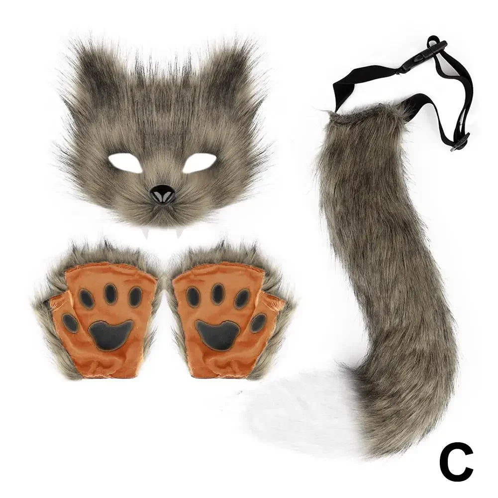 Guantes de máscara de cola de piel esponjosa, guantes de manos con patas de gato y máscara de lobo Therian, conjunto para disfraz de Halloween, accesorios para fiesta