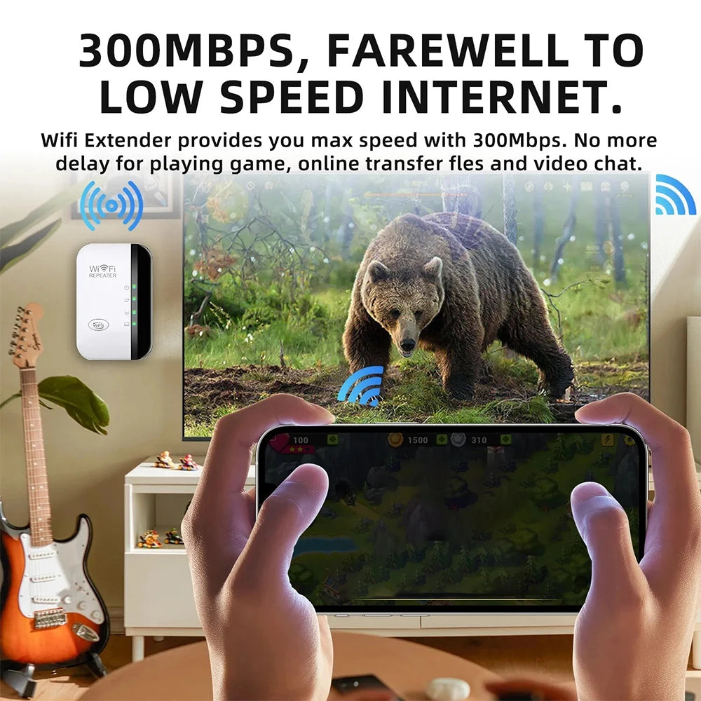 Extensor WiFi y amplificador de señal de 300 Mbps de alto rendimiento: fácil configuración, puerto Ethernet, soporte multiusuario para fiestas, oficinas