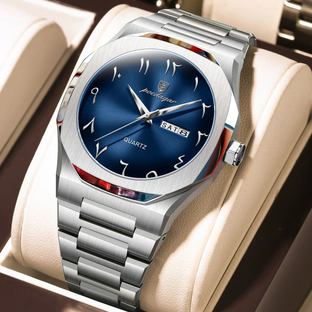 POEDAGAR Military Watch For Men Waterproof Luxury Week Calendar Man Wristwatch Quartz Stainless Steel Fashion Men's Watches Male