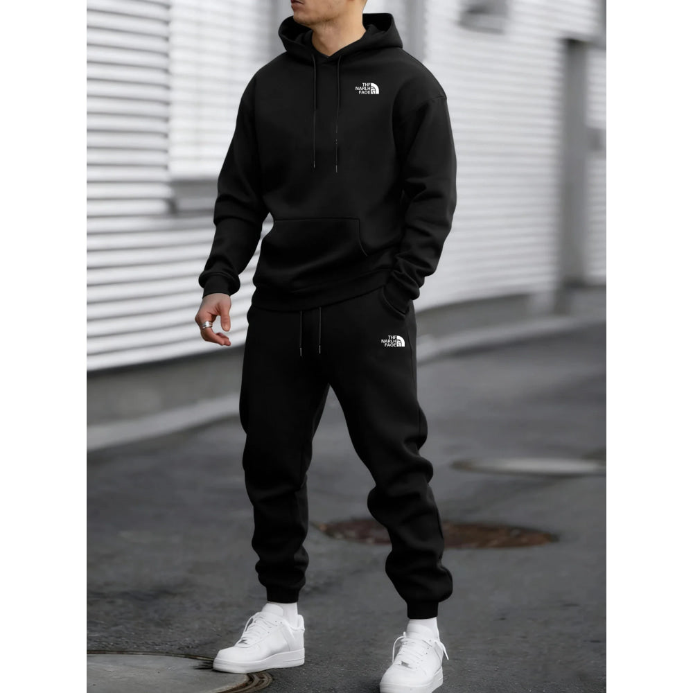 Men's Autumn and Winter Pattern Casual Two-Piece Set Hooded Sweatshirt and Pants withPockets Regular Fit Qutdoor Sport Suit