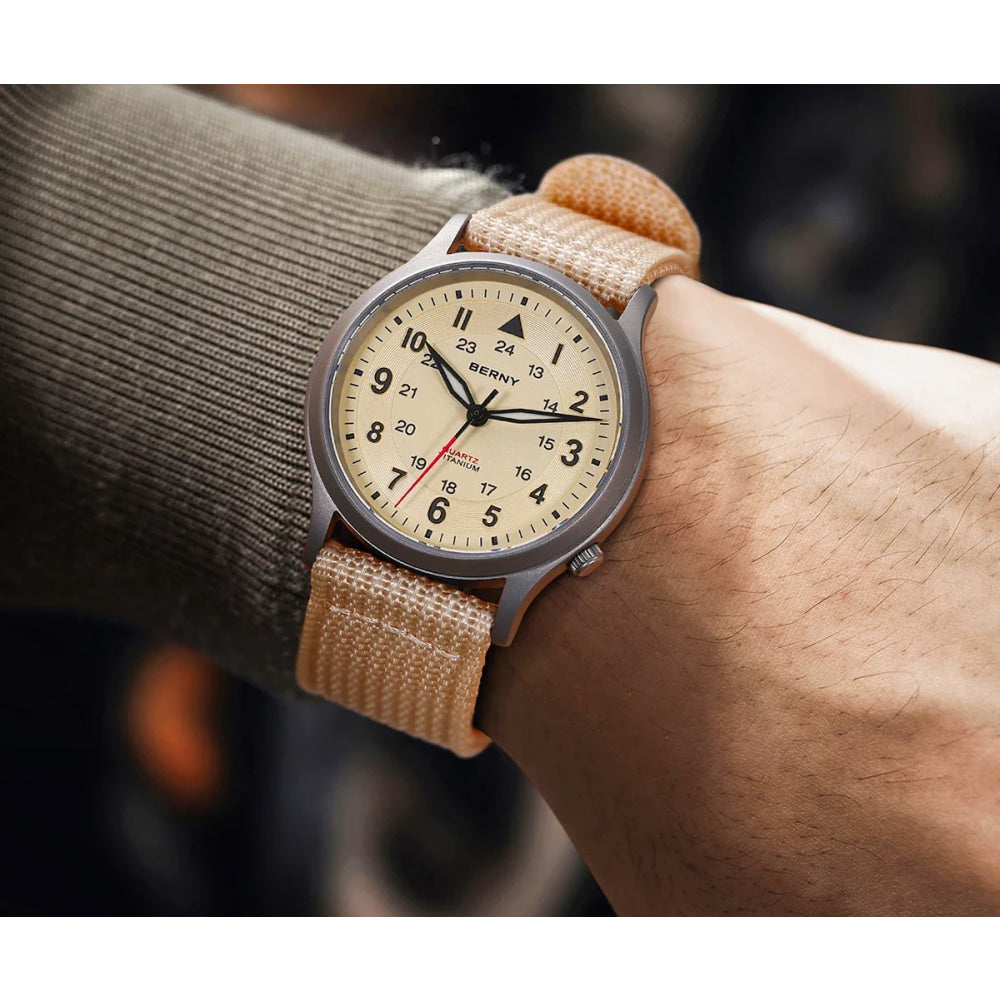 BERNY Titanium Watches for Men Classic Mens Field Watch Easy Read Outdoor Quartz Wristwatch Super Luminous Sapphire 5ATM