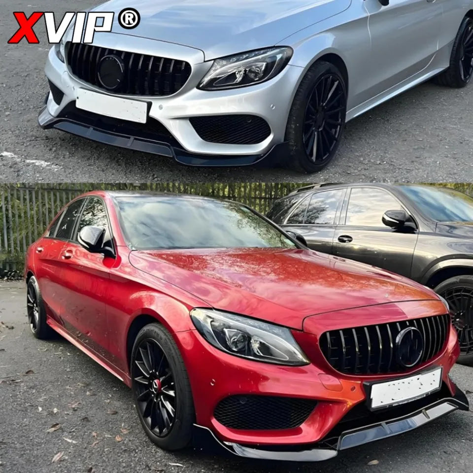 XVIP Glossy Black 3-Piece BBS Style Front Bumper Lip Spoiler For Mercedes Benz C-Class W205 2015-2018