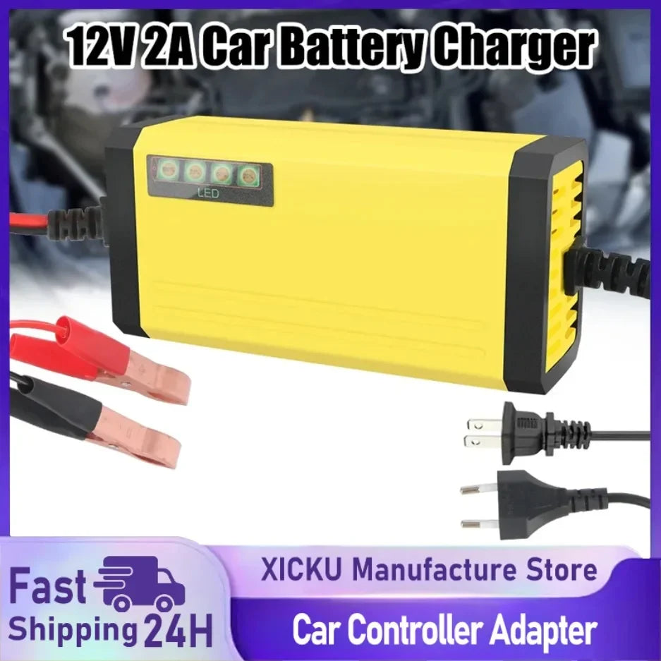 Cargador de batería de coche de 12V y 2A, cargador de reparación de pulsos de energía de 220V, batería de plomo ácido húmedo y seco, pantalla LED, resolución de batería para Moto y camión