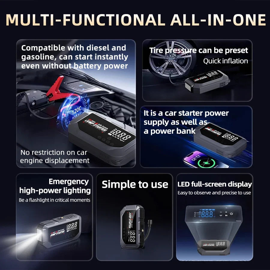 Portable 12V 8000A smart emergency car jump starter, with emergency air pump, flashlight, and power bank. Suitable for all car