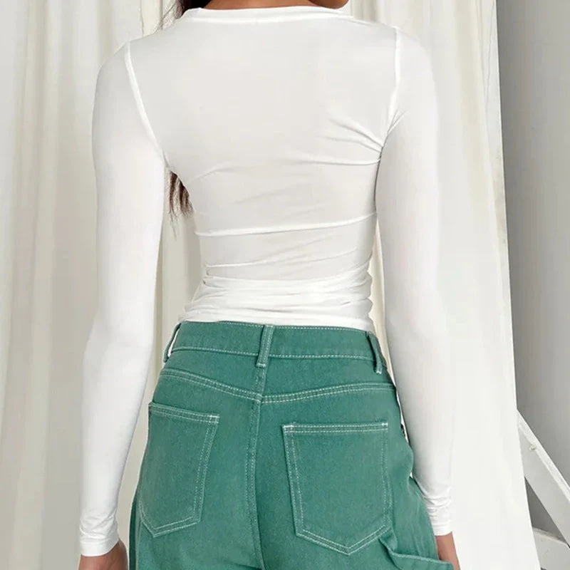 Ropa de mujer, camiseta de manga larga, Tops ajustados, camiseta ajustada de punto con cuello redondo para mujer, ropa de calle 2024, nuevo 2408