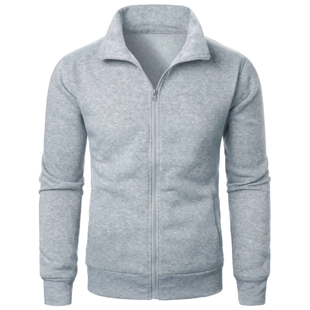 Chaqueta deportiva informal con cuello levantado y cremallera para hombre, top de color sólido para hombre