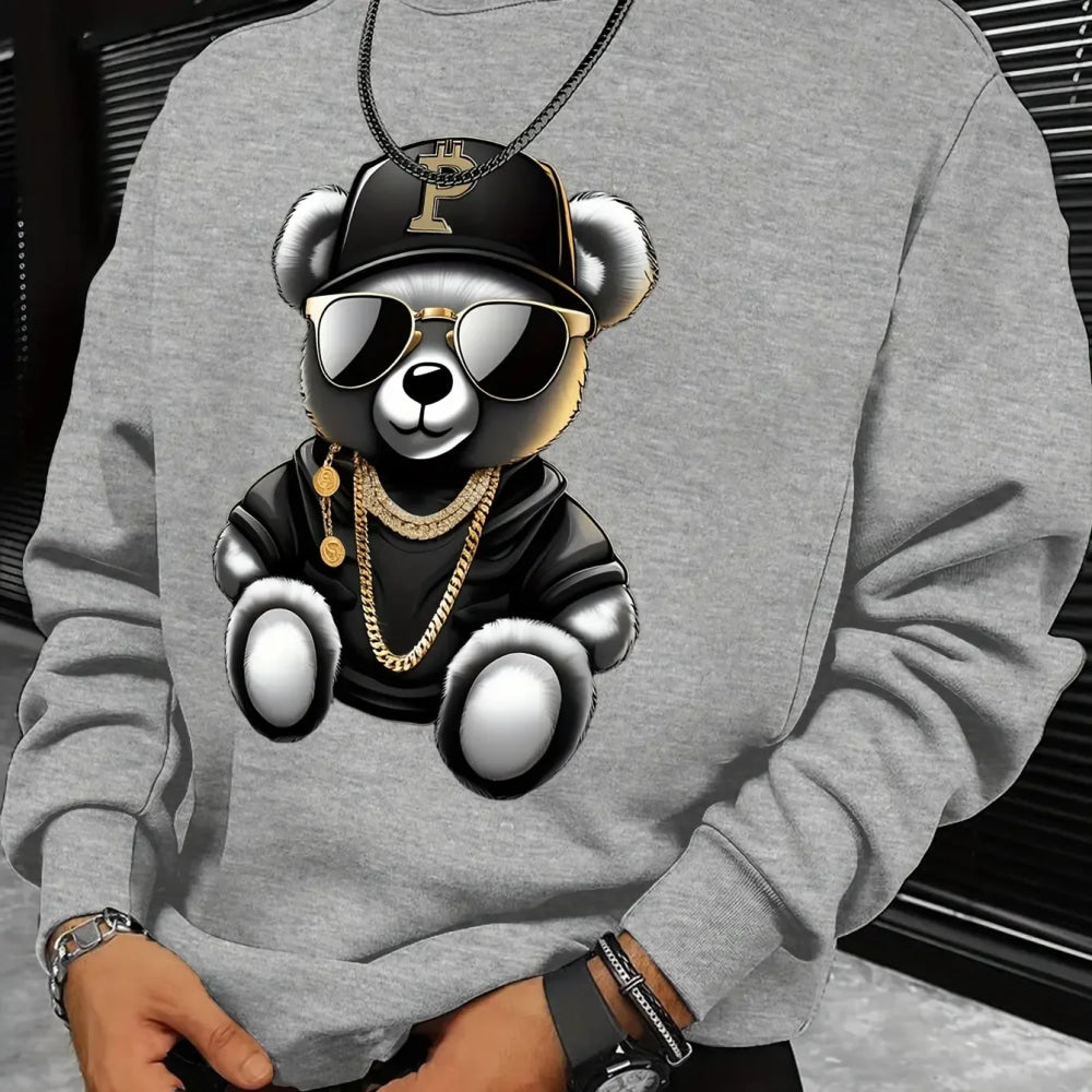 Men's autumn and winter fashionable casual loose cool bear cartoon graphic print fleece long sleeved round neck sweatshirt