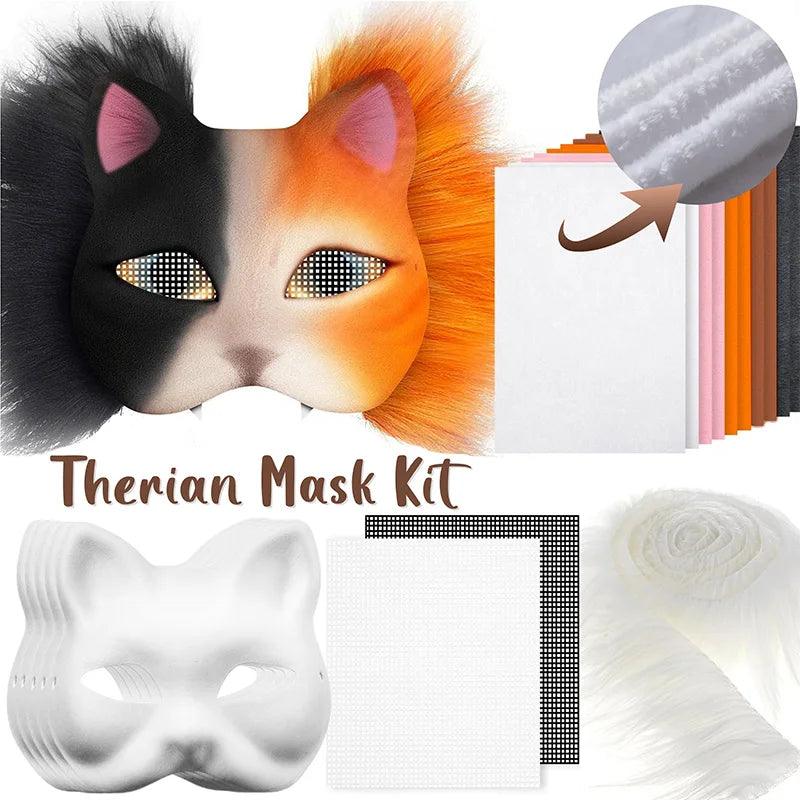 Conjunto de máscara Therian, máscara en blanco, media cara, Animal dibujado a mano, máscara de gato y zorro, grafiti hecho a mano, media máscara facial, regalos de fiesta de Navidad