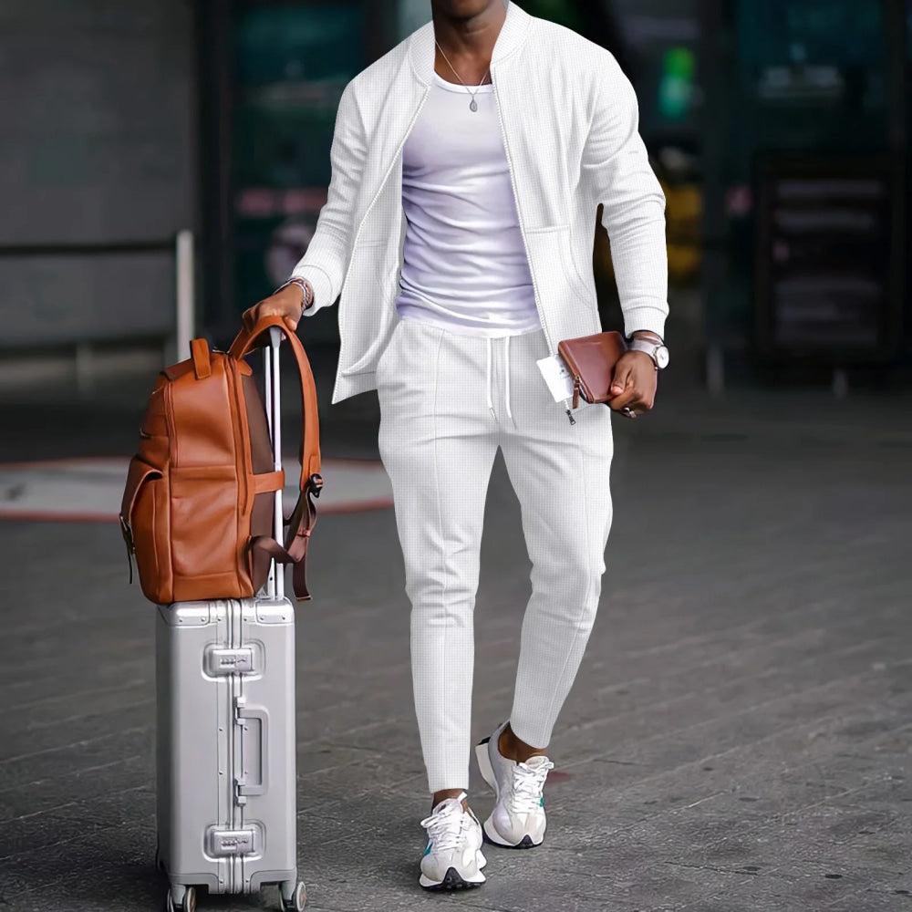 Men's Business Casual Two-Piece Set Spring Autumn Waffle Zippered Shirt Coat And Trousers Trendy Fashionable Outfit
