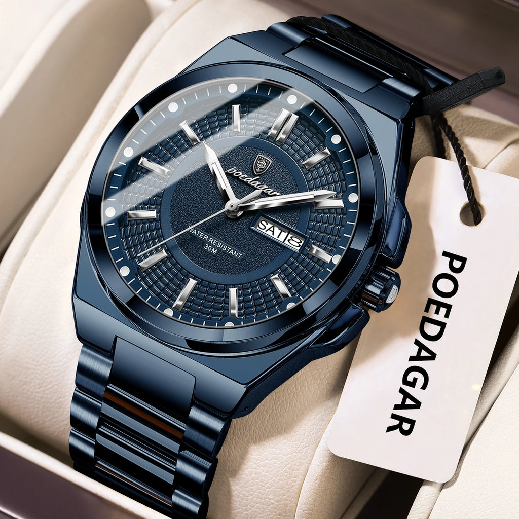 POEDAGAR Sport Original Men Clock Quartz Date Week Luxury Man Wristwatch Waterproof Luminous Stainless Steel Men's Watches Reloj
