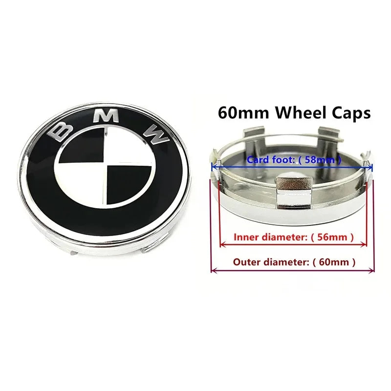 Car Black White BMW Logo Front Hood Emblem 82mm Rear Badge 74mm Wheel Hub Cap 60mm steering wheel sticker 45mm Accessories