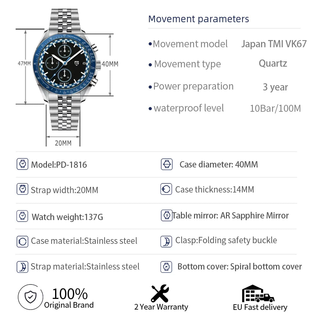 PAGANI DESIGN 2026 New Men's Watches Sport Quartz Watch For Men Racing Chronograph Waterproof AR Sapphire crystal Wristwatch Men