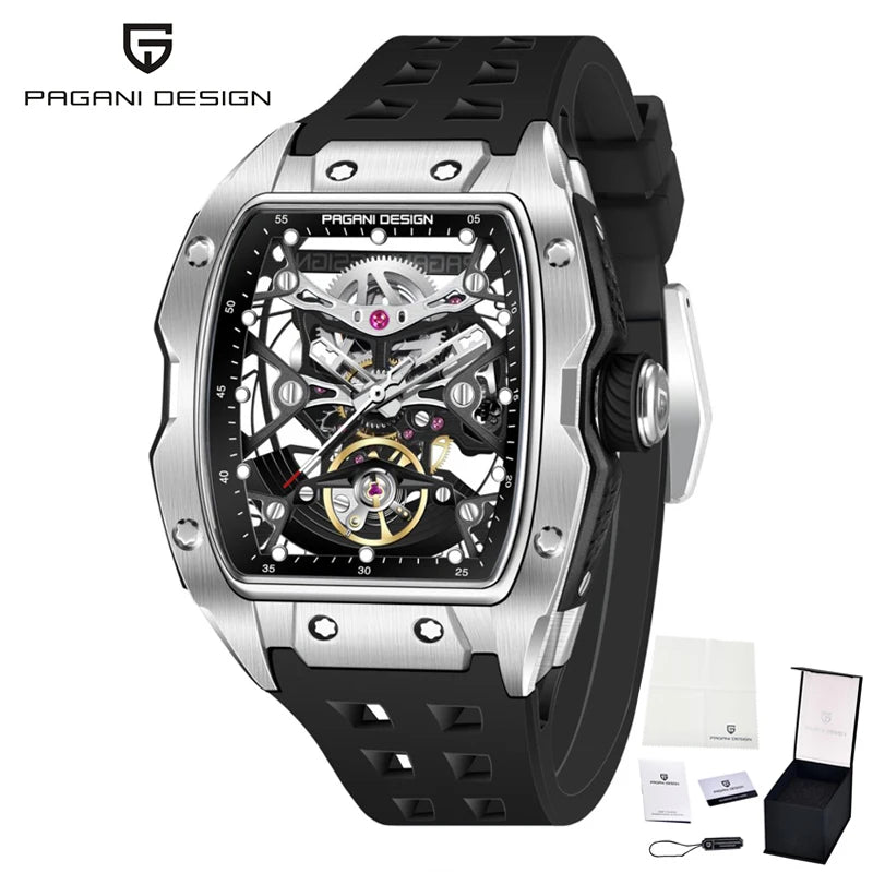 PAGANI DESIGN-reloj mecánico automático para hombre, barril de vino, tienda, estilo Venom, resistente al agua, lente de zafiro de goma, hueco