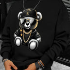 Men's autumn and winter fashionable casual loose cool bear cartoon graphic print fleece long sleeved round neck sweatshirt