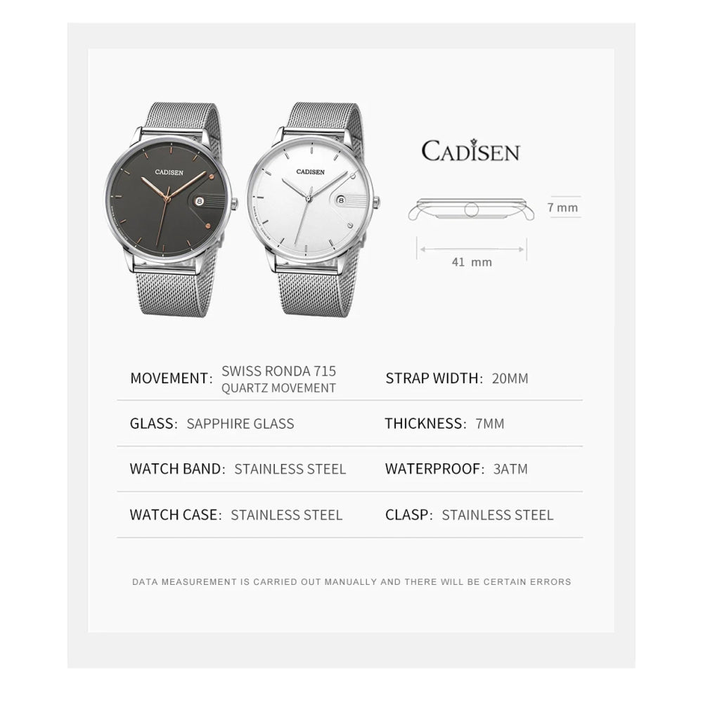 CADISEN Swiss Ronda 715 Quartz Watch Mans 7MM Ultra-thin Dial Sapphire Luminous Stainless Steel Milano Mesh Strap Watches Men
