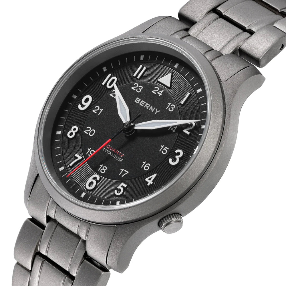BERNY Titanium Watches for Men Classic Mens Field Watch Easy Read Outdoor Quartz Wristwatch Super Luminous Sapphire 5ATM