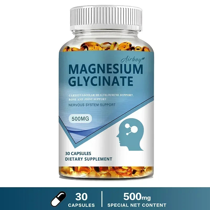 Magnesium Glycinate Capsules 500mg - Supports Bone and Heart Health, Aids Sleep, Relieves Stress, and Promotes Muscle Relaxation