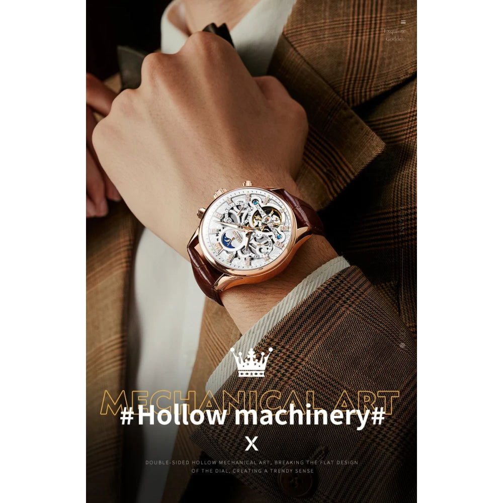 OLEVS 6658 Mens Watch Business Leather Strap Reloj  Hollow out Mechanical Automatic Wristwatch Waterproof Luminous Watch For Man