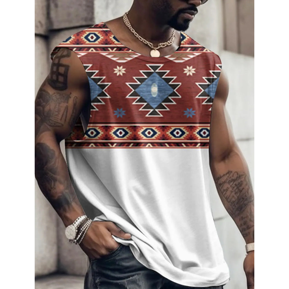 Summer New Men's Vest T Shirt Patterned Tribal Round Neck Clothing Daily Fitness Sports Vintage Sleeveless Printed Ethnic Tops