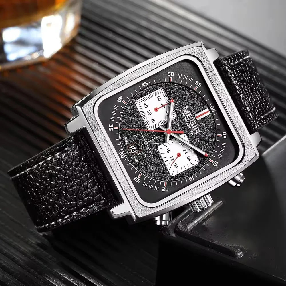 MEGIR 2182 Luxury Fashion Sports Chronograph Multi-Functional Military Leather Date Wristwatches for Men Relogio Masculino