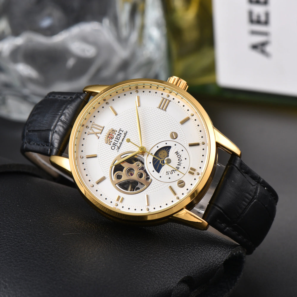Orient Automatic Men's Watch Sun & Moon Phase Skeleton Dial Gold Case Black Leather Strap Mechanical Wristwatch