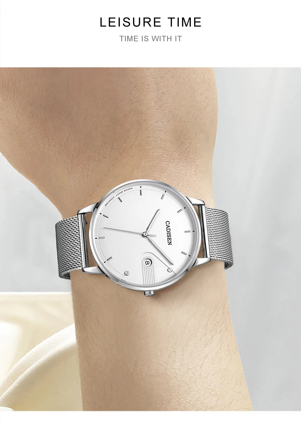 CADISEN Swiss Ronda 715 Quartz Watch Mans 7MM Ultra-thin Dial Sapphire Luminous Stainless Steel Milano Mesh Strap Watches Men
