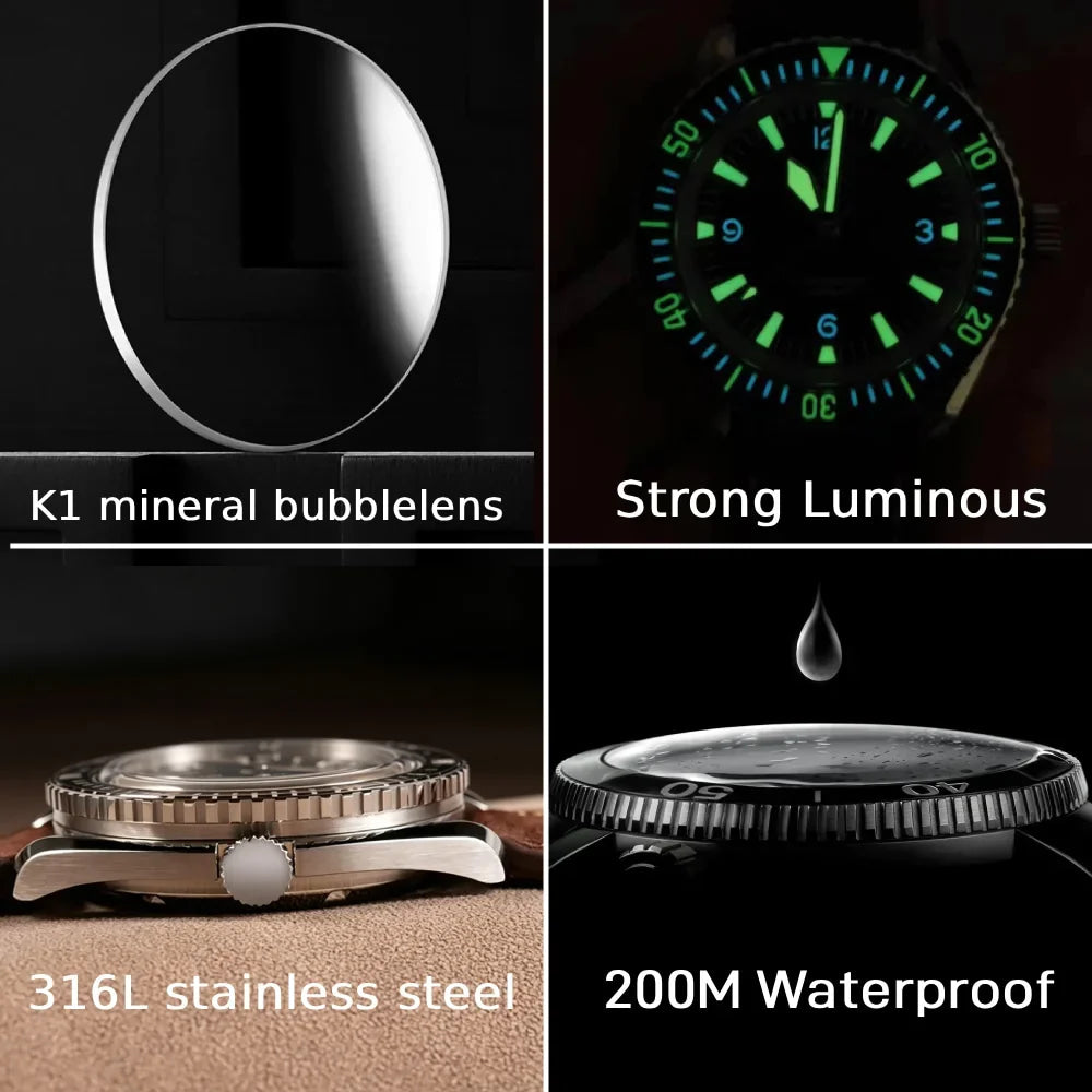 Hruodland F025 Retro Sport Men Watch HZ2565 Automatic Mechanical Stainless Steel Leather Strap Diving  reloj hombre watch for me