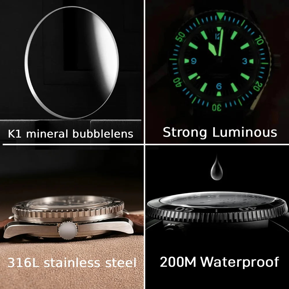 Hruodland F025 Retro Sport Men Watch HZ2565 Automatic Mechanical Stainless Steel Leather Strap Diving  reloj hombre watch for me