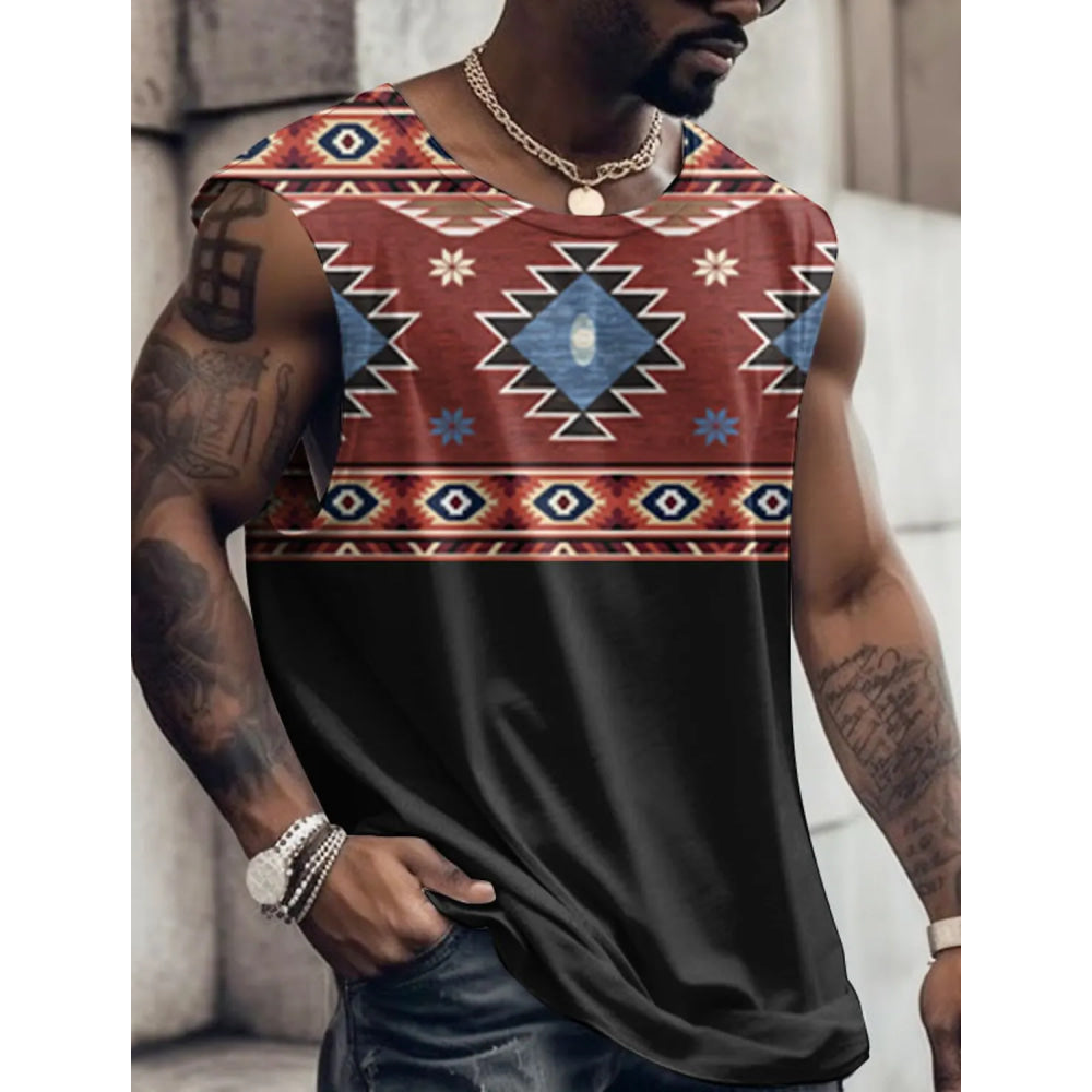 Summer New Men's Vest T Shirt Patterned Tribal Round Neck Clothing Daily Fitness Sports Vintage Sleeveless Printed Ethnic Tops