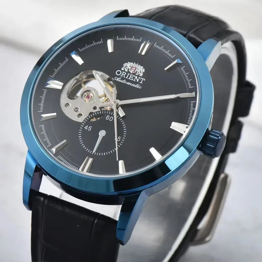 Orient automatic mechanical unisex watch with hollowed out personalized dial, fully functional world time leather strap
