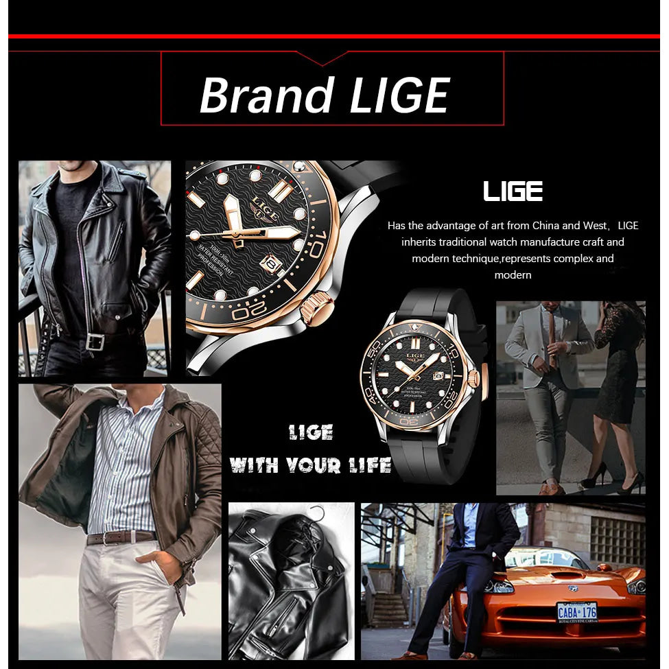 LIGE Men Watch Business Date Watch for Men Luxury Sport Quartz Watches Waterproof Luminous Silicone Wristwatch Relogio Masculino