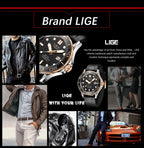 LIGE Men Watch Business Date Watch for Men Luxury Sport Quartz Watches Waterproof Luminous Silicone Wristwatch Relogio Masculino
