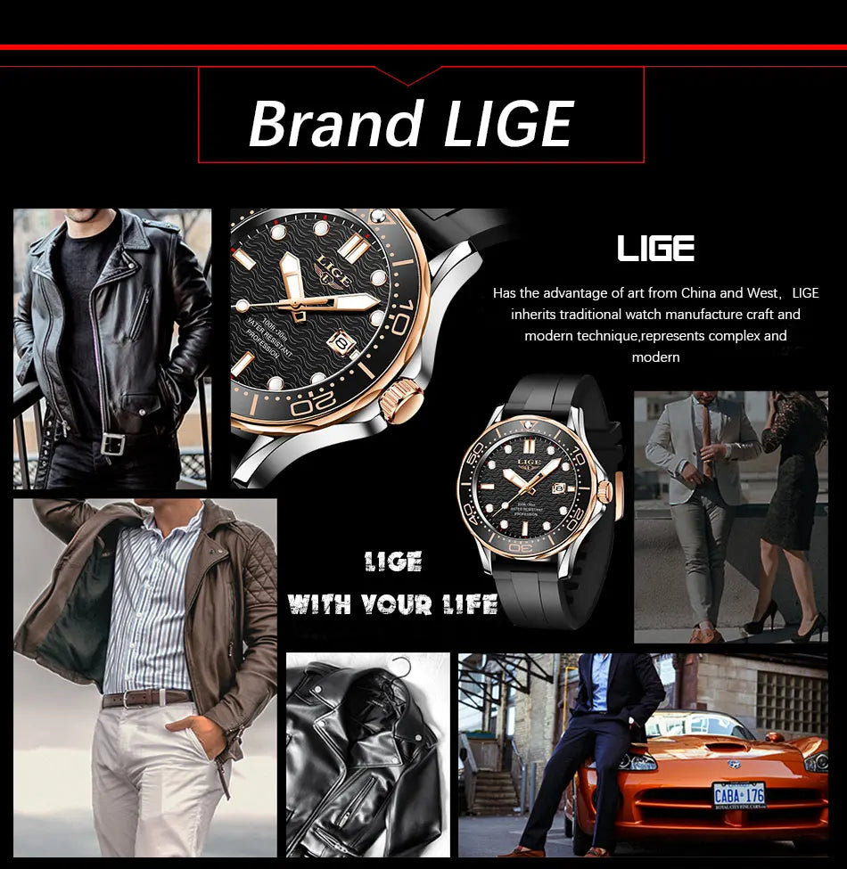 LIGE Men Watch Business Date Watch for Men Luxury Sport Quartz Watches Waterproof Luminous Silicone Wristwatch Relogio Masculino