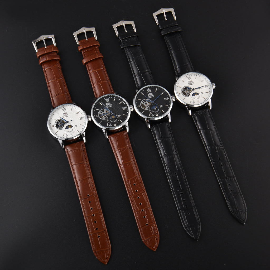 Orient Sun & Moon Semi Skeleton Automatic Watch Men's White Dial Black Leather Strap Sapphire Crystal 50M Waterproof Dress Watch