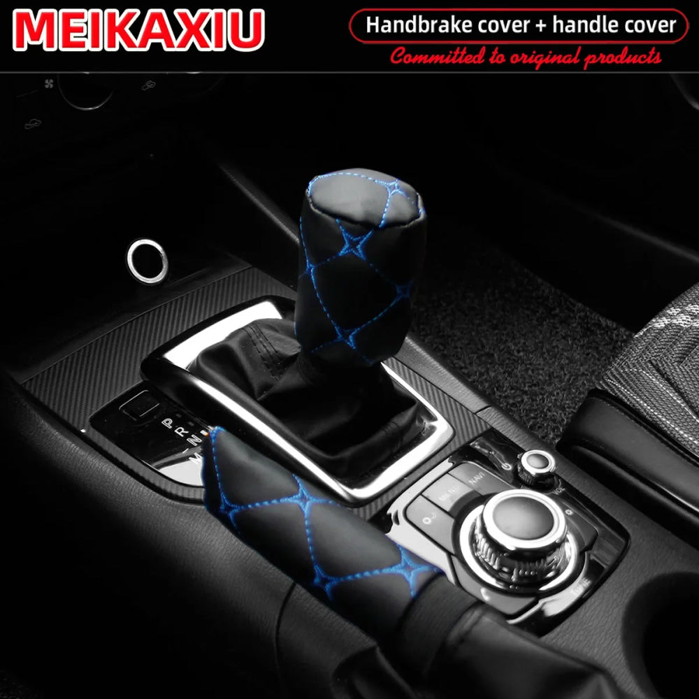 2 sets PU leather embroidered large lattice comfortable car handbrake cover handle set manual transmission car general purpose