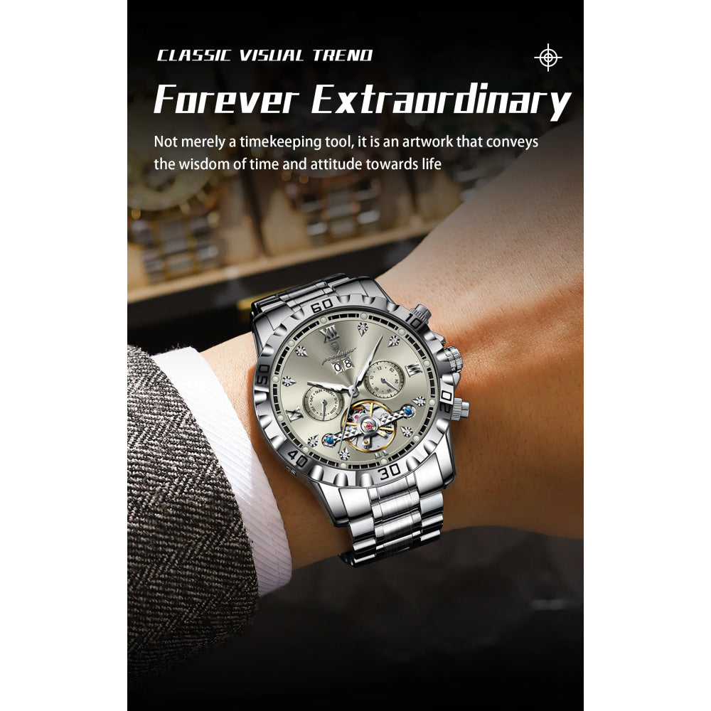 POEDAGAR Luxury Men Wristwatch Hollow Tourbillon Luminous Date Week Man Clock Automatic Mechanical Stainless Steel Men's Watches
