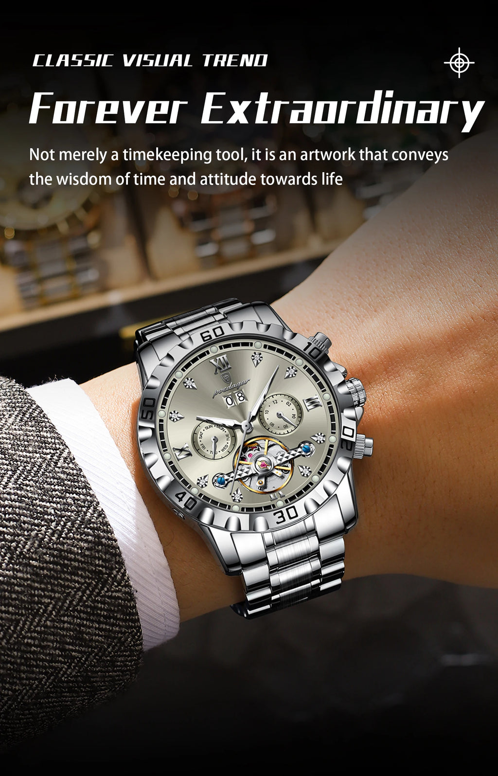 POEDAGAR Luxury Men Wristwatch Hollow Tourbillon Luminous Date Week Man Clock Automatic Mechanical Stainless Steel Men's Watches