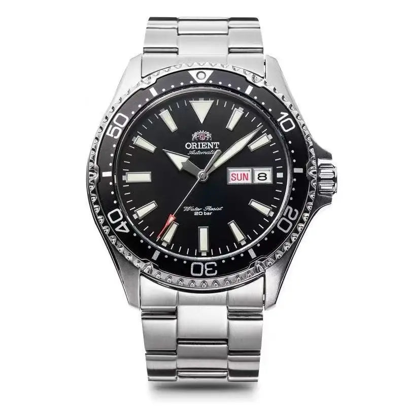 Orient Automatic Mechanical Diver Watch for Men 200M Waterproof Red Dial Stainless Steel Band Day Date Display Sport Wristwatch