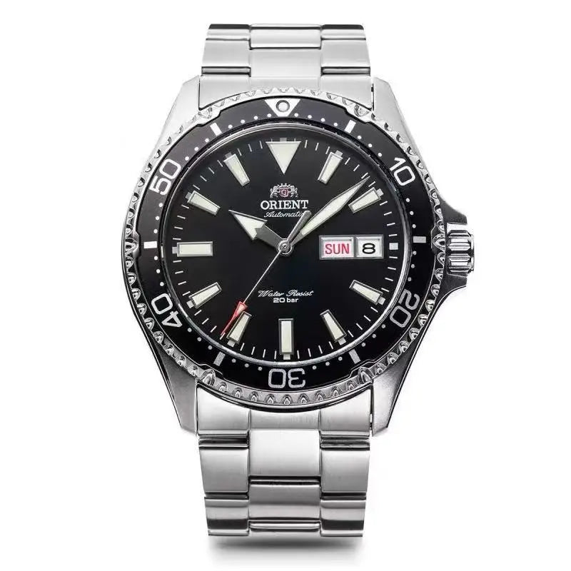 Orient Automatic Mechanical Diver Watch for Men 200M Waterproof Red Dial Stainless Steel Band Day Date Display Sport Wristwatch
