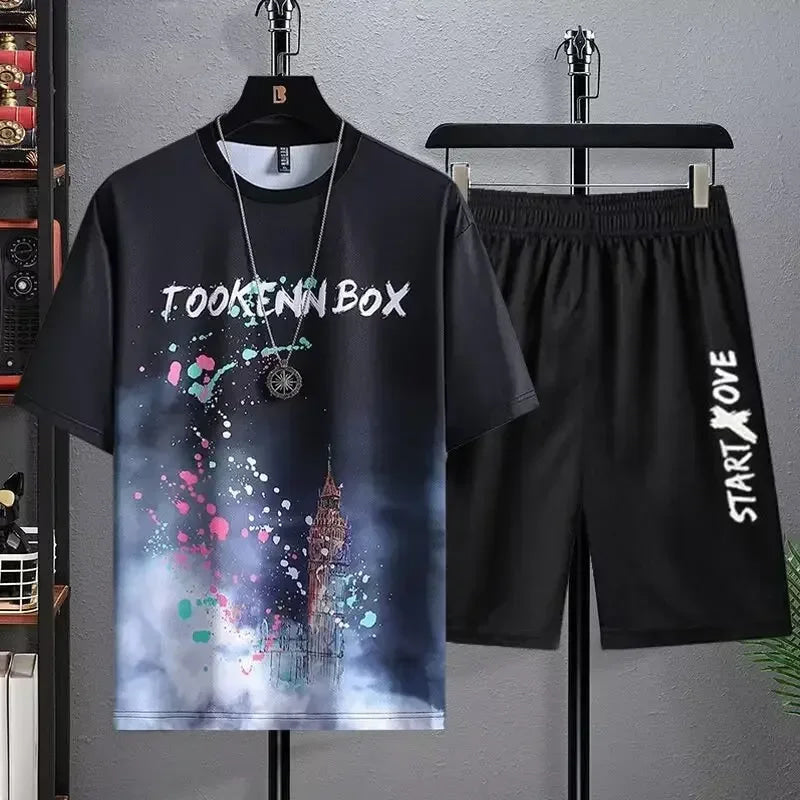 Conjuntos de verano de secado rápido para hombre, chándales de moda, pantalón corto informal transpirable de manga, Camiseta deportiva con estampado 3D + Pantalones cortos, conjunto de baloncesto