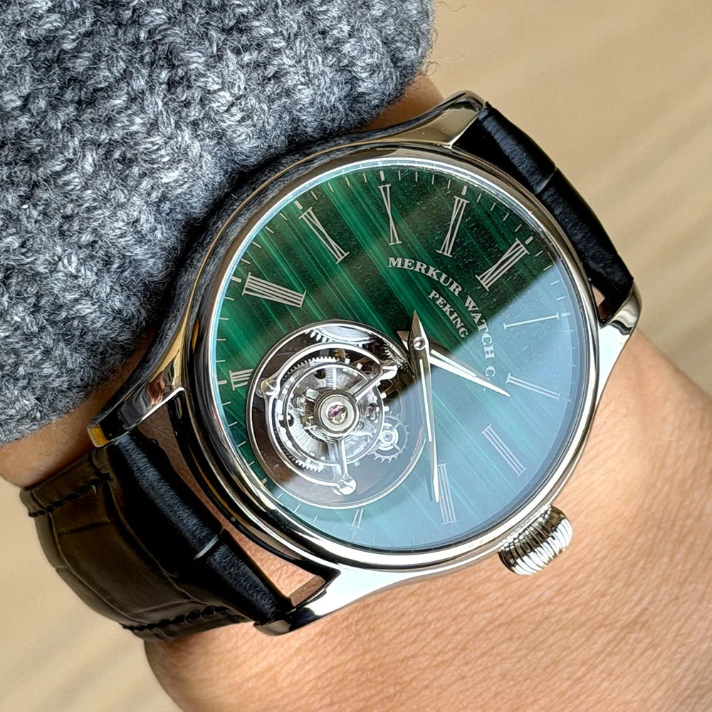 Merkur 100% Tourbillon Watch Men's Natural Stone Dial Malachite Sapphire Watch For Men Mechanical Wristwatches Relogio Masculino